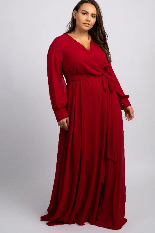 Burgundy Chiffon Long Sleeve Pleated Plus Maxi Dress Stylish Maxi Dress with Frills