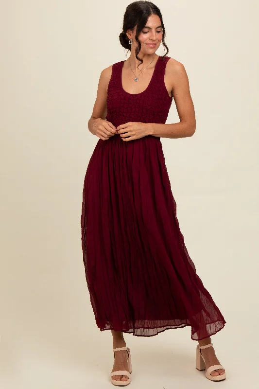 Burgundy Textured Smocked Bodice Sleeveless Maxi Dress Fashionable High-Low Maxi Dress