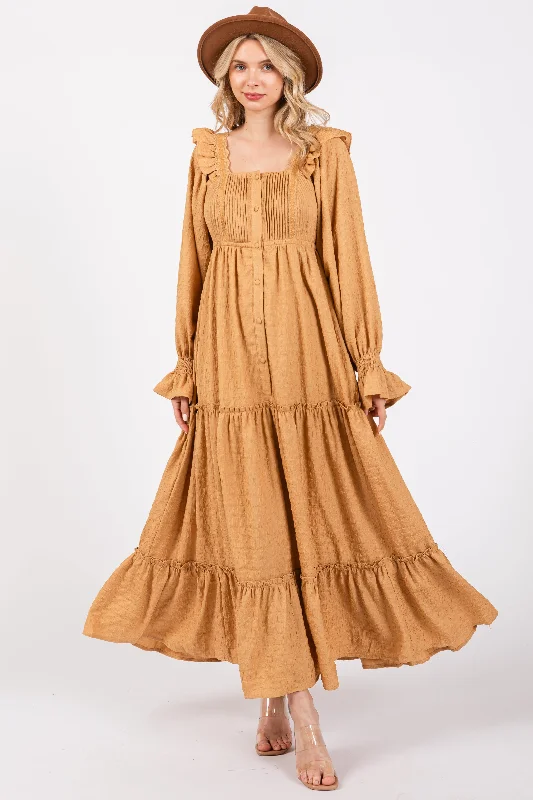 Camel Button Pleated Front Square Neck Ruffle Tiered Maxi Dress Fashionable Off-Shoulder Maxi Dress