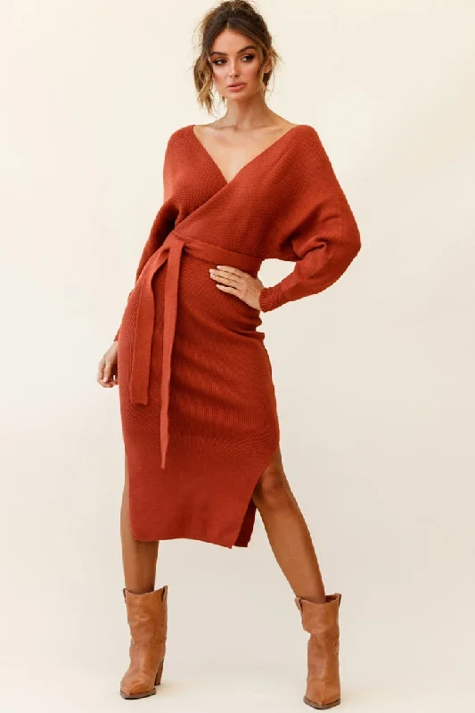 Cameo Batwing Knit Midi Dress Camel Comfortable Adjustable Strap Midi Dress