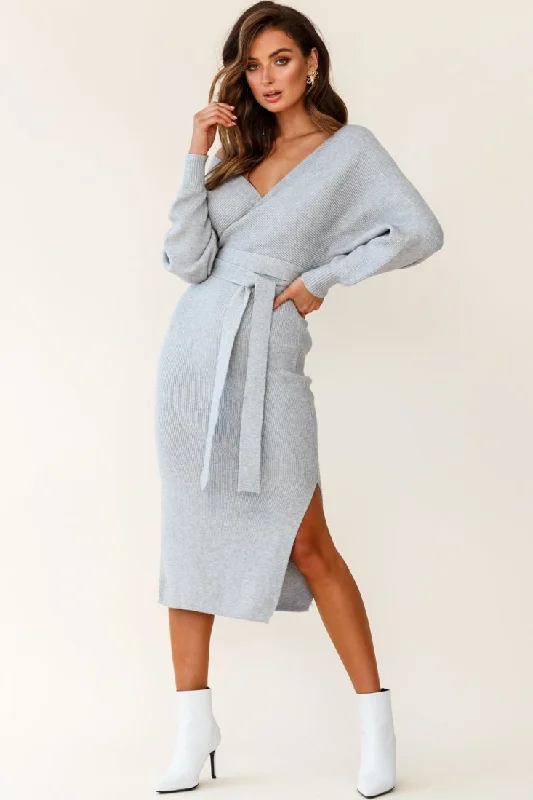 Cameo Batwing Knit Midi Dress Grey Trendy Flared Sleeve Midi Dress