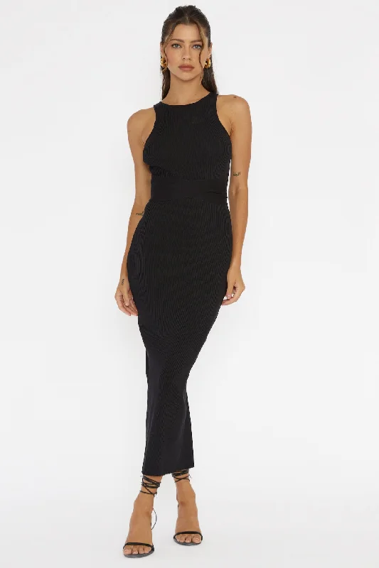 Charmed Me Ribbed Knit Midi Dress Black Cozy Midi Dress with Pockets