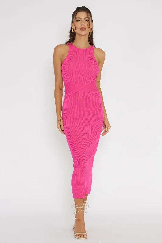 Charmed Me Ribbed Knit Midi Dress Hot Pink Stylish Pleated Skirt Midi Dress