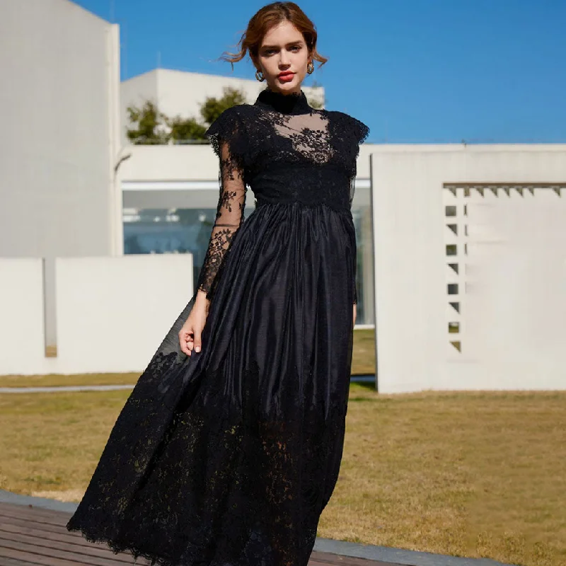 Classy Sheer Floral Lace Mock Neck Long Sleeve A Line Gown Maxi Dress Chic Sleeveless Maxi Dress