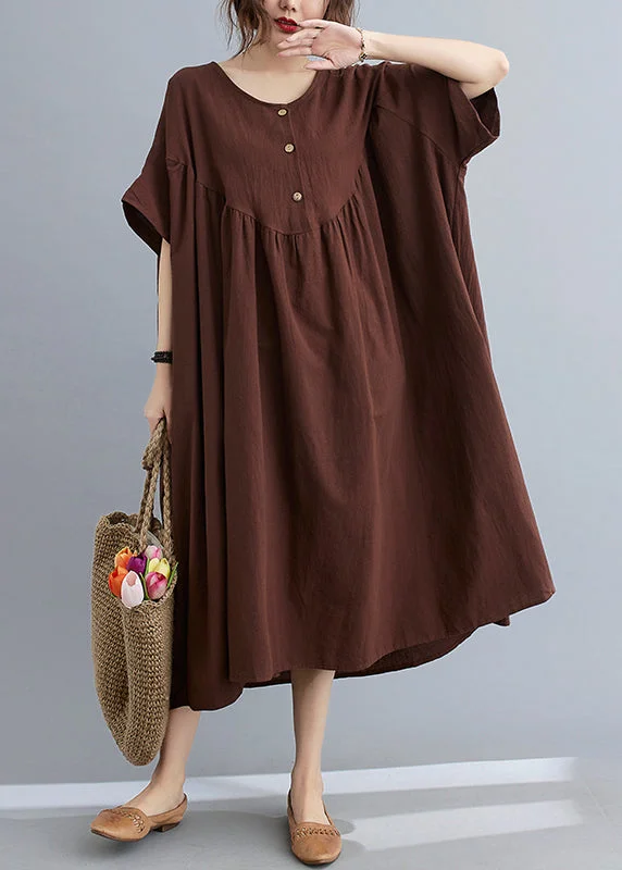 Coffee O-Neck Wrinkled Maxi Dresses Summer GH1049 Trendy Satin Maxi Dress