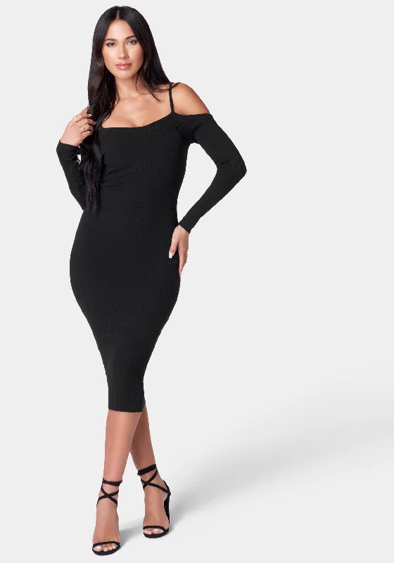 Cold Shoulder Knit Midi Dress Trendy Mock Neck Midi Dress