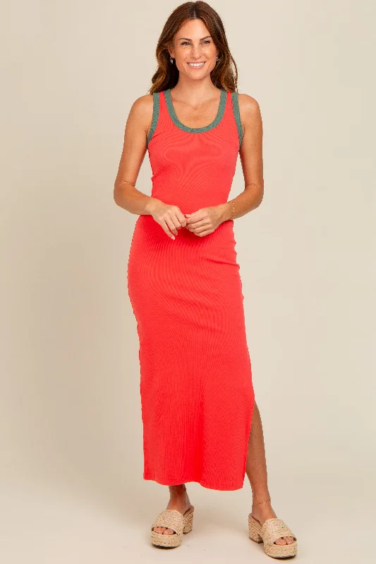 Coral Colorblock Side Slit Maxi Dress Fashionable Sheer Maxi Dress