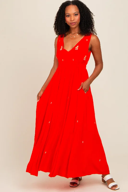 Coral Floral Embroidered Sleeveless Maxi Dress Classic V-Neck Maxi Dress