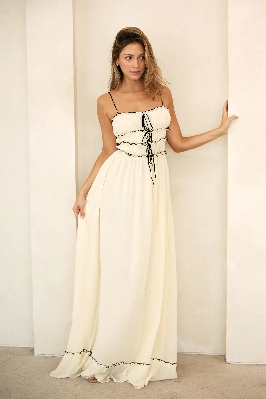 Cream Color Contrast Peasant Sleeveless Maxi Dress Comfortable Ruffle Maxi Dress