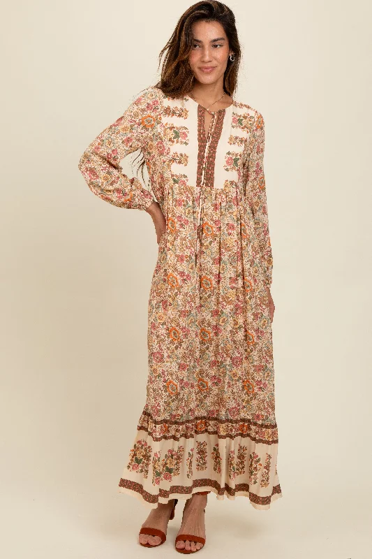 Cream Floral Border Print Maxi Dress Cozy Maxi Dress with Slit