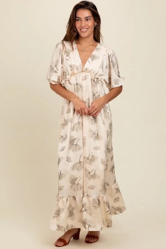 Cream Floral Chiffon Ruffle Accent Maxi Dress Comfortable Flowy Maxi Dress