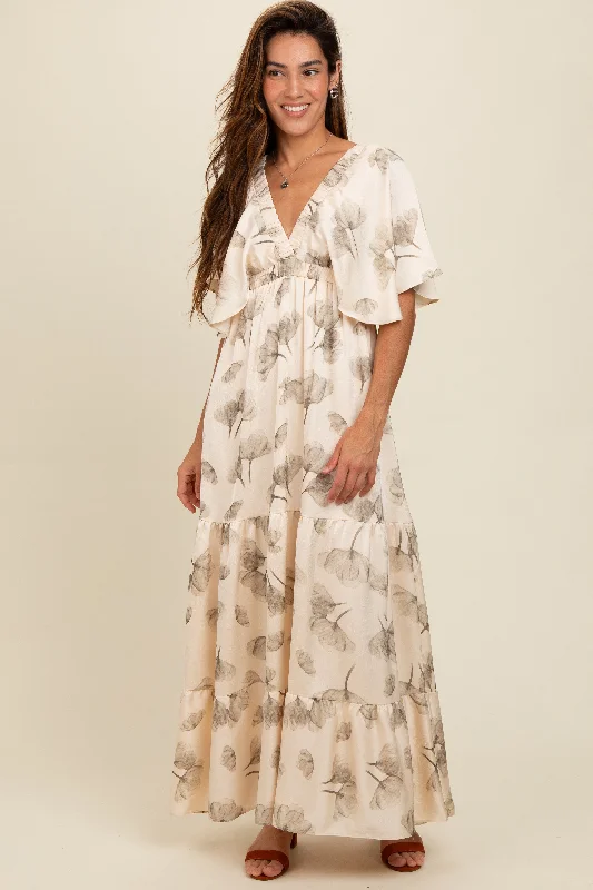 Cream Floral Deep V-Neck Maxi Dress Classic Tulle Maxi Dress