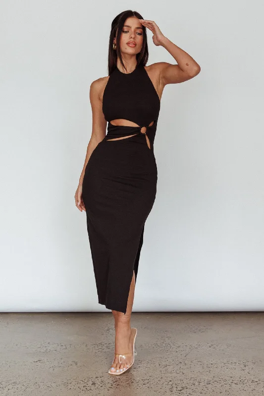 Crystal Skies Cut-Out Feature Midi Dress Black Comfortable Draped Midi Dress