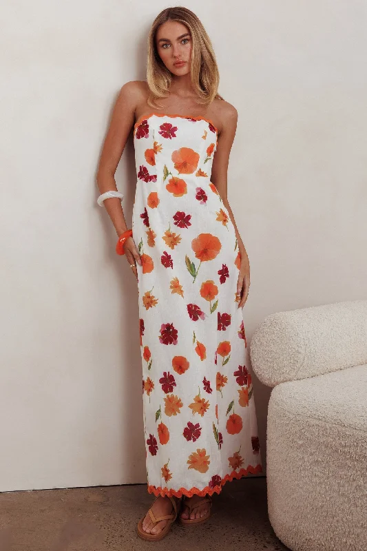 Cypress Ric Rac Trim Floral Strapless Maxi Dress Orange Multi Comfortable Bohemian Maxi Dress