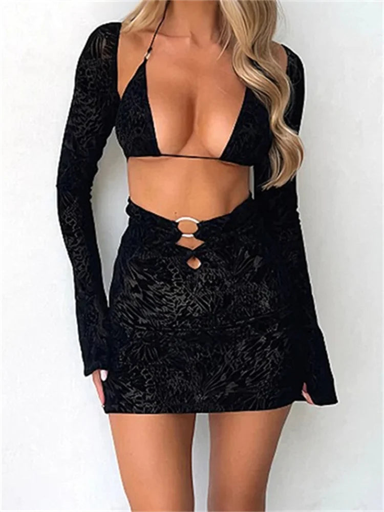 FashionSierra - Deep V-neck Bodycon Fashion Floral Print Long Sleeve Mini Dress Elegant Lace Mini Dress