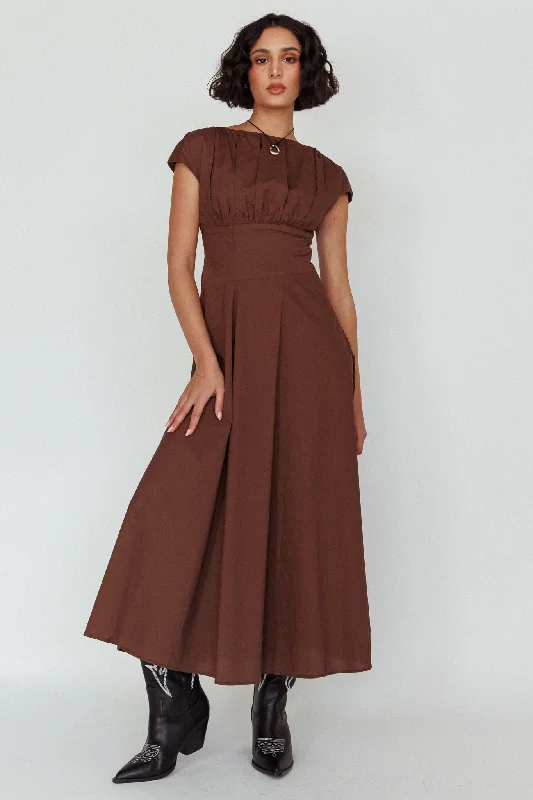 Derry Cap Sleeve A-line Maxi Dress Chocolate Stylish Pleated A-Line Maxi Dress