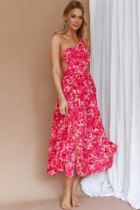 Destination Open Back Midi Dress Floral Pink Comfortable Button Front Midi Dress