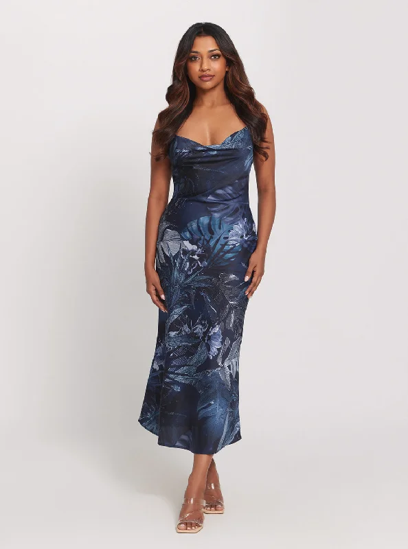 Eco Navy Floral Print Akilina Maxi Dress Fashionable Open-Back Maxi Dress