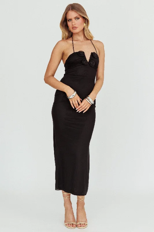 Elderberry Bodycon Halter Neck Midi Dress Black Comfortable Stretch Midi Dress