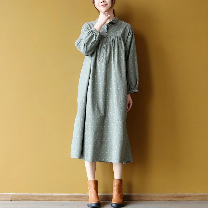 Elegant green dotted cotton caftans plus size clothing shirt collar cotton clothing dress vintage long sleeve maxi dresses Chic Button-Up Maxi Dress