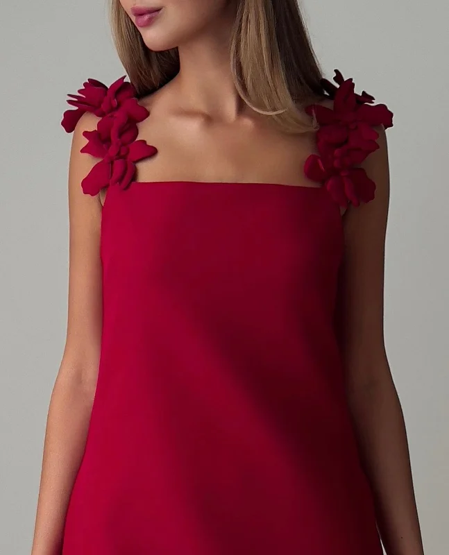 Elegant Red Mini Dress with Floral Shoulder Detail Comfortable Fit-and-Flare Mini Dress