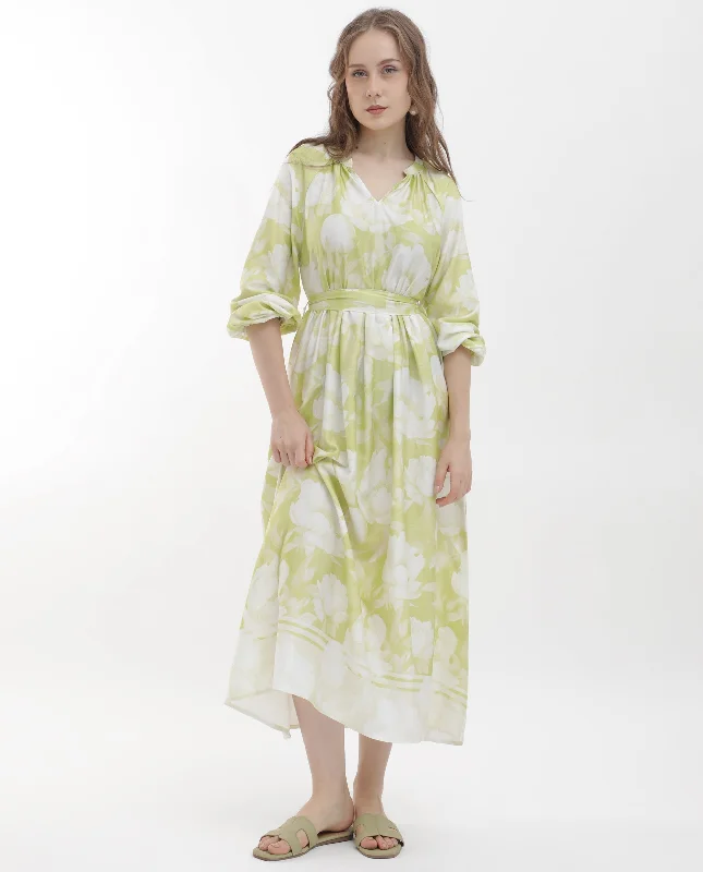 Rareism Women Emil Green Cotton Fabric Full Sleeves Tie-Up Closure Mandarin Collar Raglan Sleeve Fit And Flare Floral Print Maxi Dress Chic Button-Up Maxi Dress