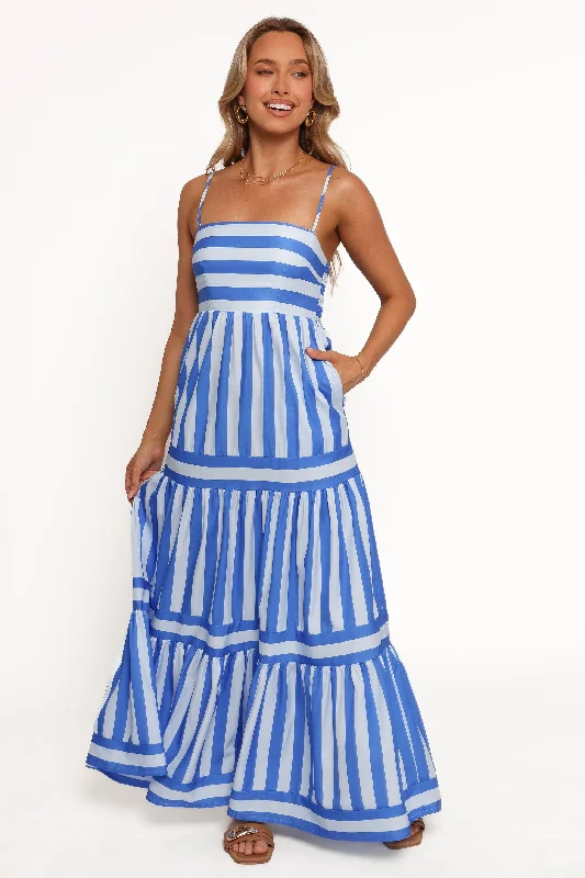 Emry Maxi Dress - Blue Stripe Stylish Off-Shoulder Maxi Dress