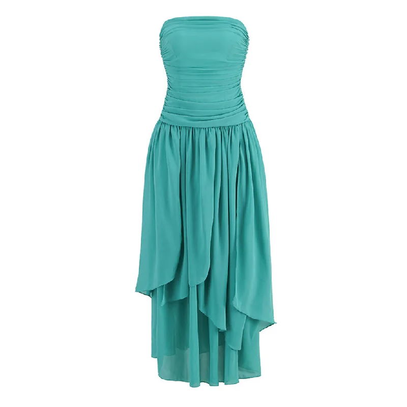 Ethereal Gathered Strapless Drop Waist High Split Ruched Chiffon Maxi Dress Comfortable Fit-and-Flare Maxi Dress