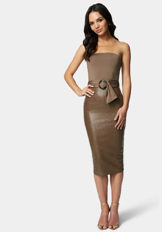 Vegan Leather Belted Strapless Midi Dress Cozy Knit Midi Dress