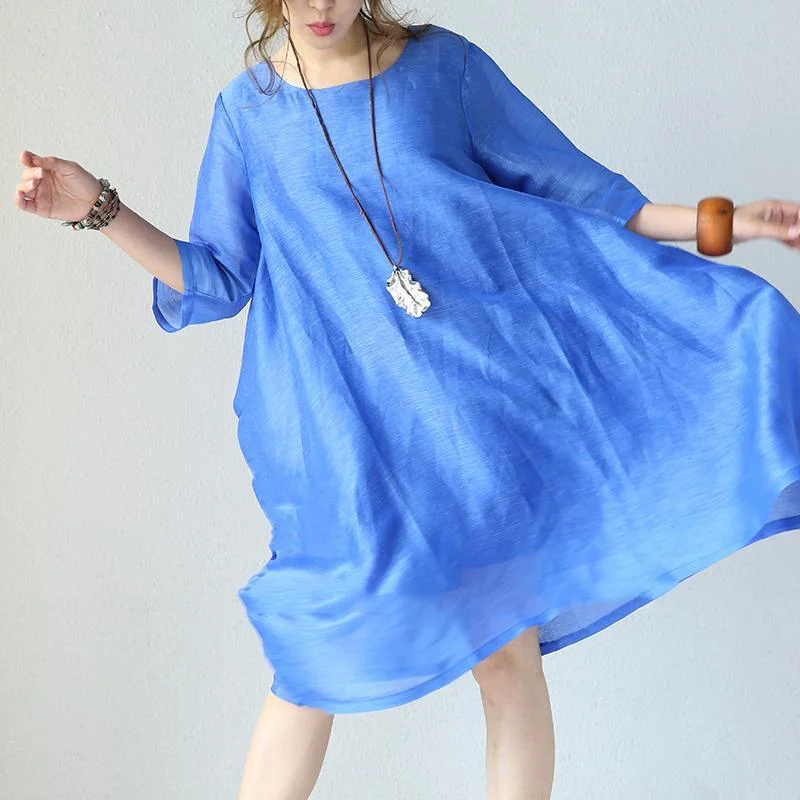 Fine blue silk maxi dress oversize O neck Half sleeve silk gown women baggy dresses Comfortable Pleated Maxi Dress