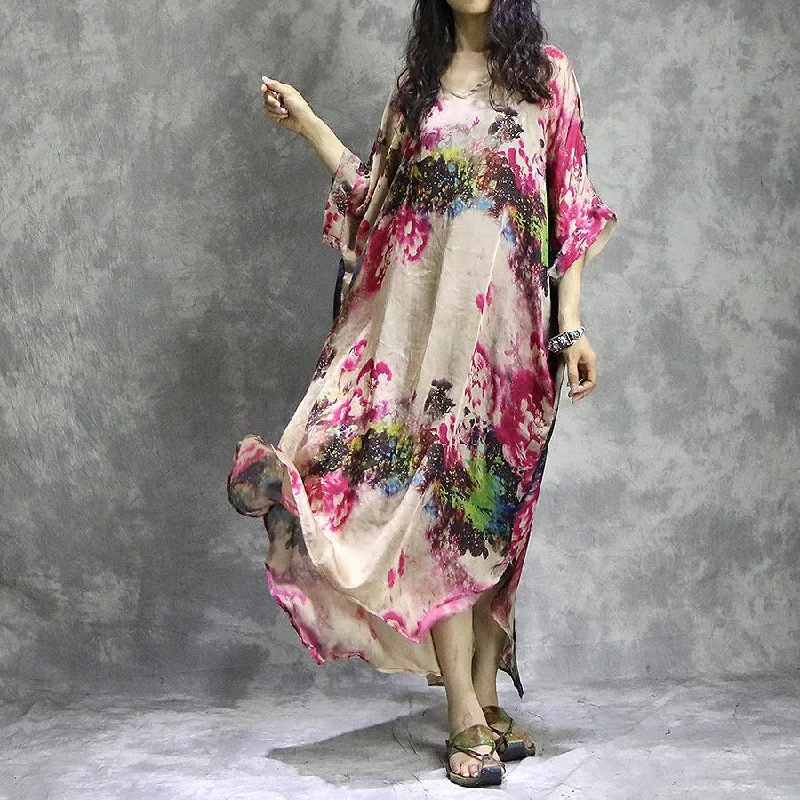 Fine red floral  natural silk chiffon dress  plus size clothing side open clothing dress Fine batwing sleeve maxi dresses Fashionable Off-Shoulder Maxi Dress