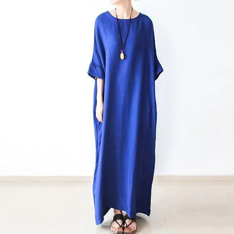 Fine royal blue linen dresses oversize cotton caftans long maxi dress Elegant Lace Maxi Dress