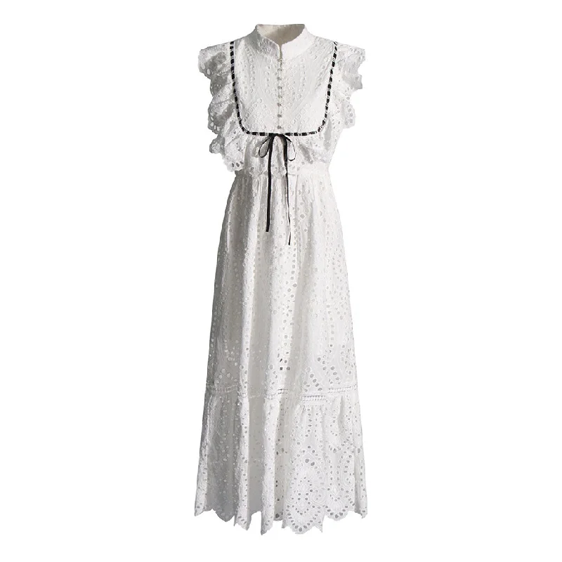 French Style Mock Neck Ruffle Bow Tie Broderie Anglaise Sleeveless Maxi Dress Stylish Long Sleeve Maxi Dress