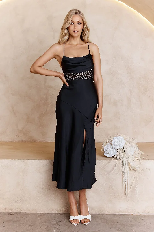 Golden Era Cowl Neck Lace Waist Midi Dress Black Elegant Sleeveless Midi Dress