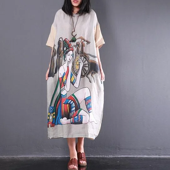 Gray Casual Cartoon Print Linen Dresses Oversize Sundress Vintage Patchwork Short Sleeve Maxi Dress Elegant Lace-Up Maxi Dress