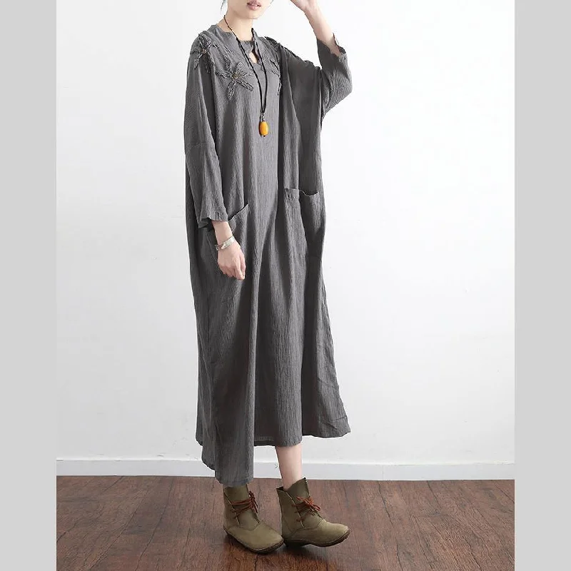 gray casual  stylish linen dress pockets long sleeve sundress embroidery vintage maxi dress Stylish Pleated A-Line Maxi Dress