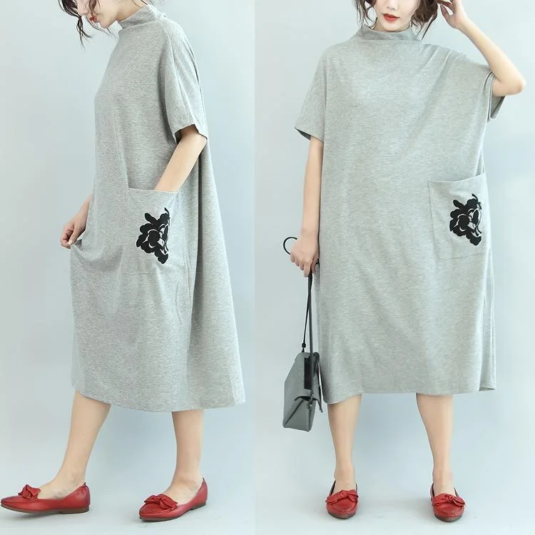 Gray Casual Turtle Neck Cotton Summer Dresses Pockets Embroidery Oversize Sundress Short Sleeve Maxi Dress Comfortable Fitted Maxi Dress