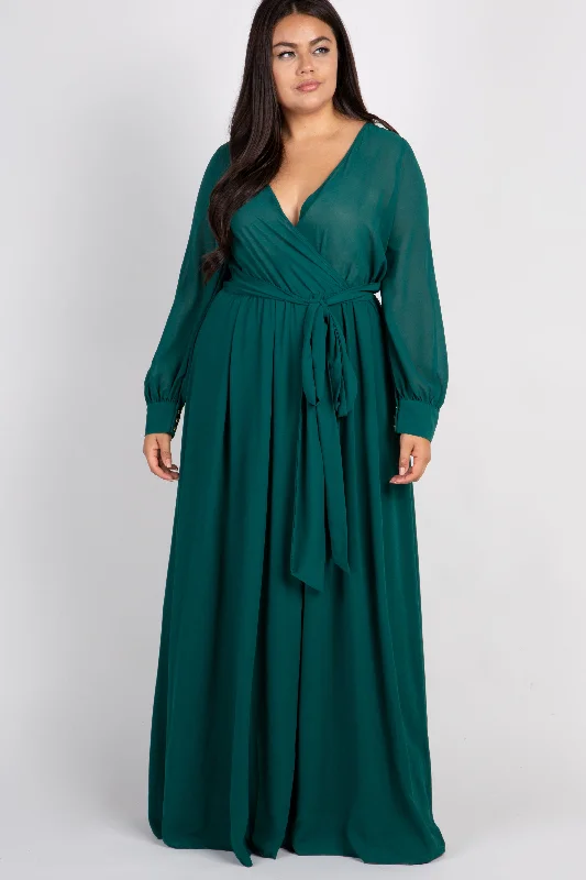 Green Chiffon Long Sleeve Pleated Plus Maxi Dress Elegant Sleeveless Maxi Dress