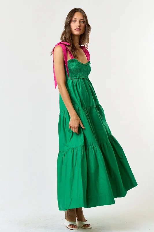 Green Contrast Shoulder Straps Maxi Dress Trendy A-Line Maxi Dress