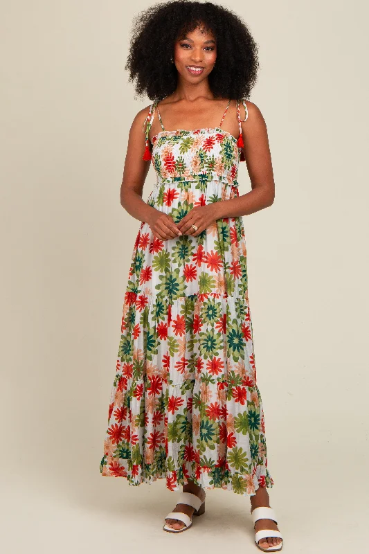 Green Floral Smocked Shoulder Tie Maxi Dress Trendy V-Neck Maxi Dress