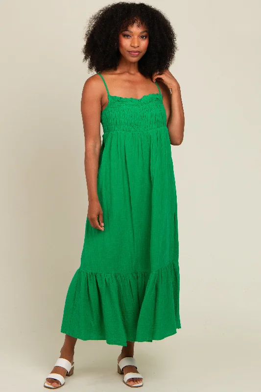 Green Smocked Maxi Dress Fashionable Open-Back Maxi Dress