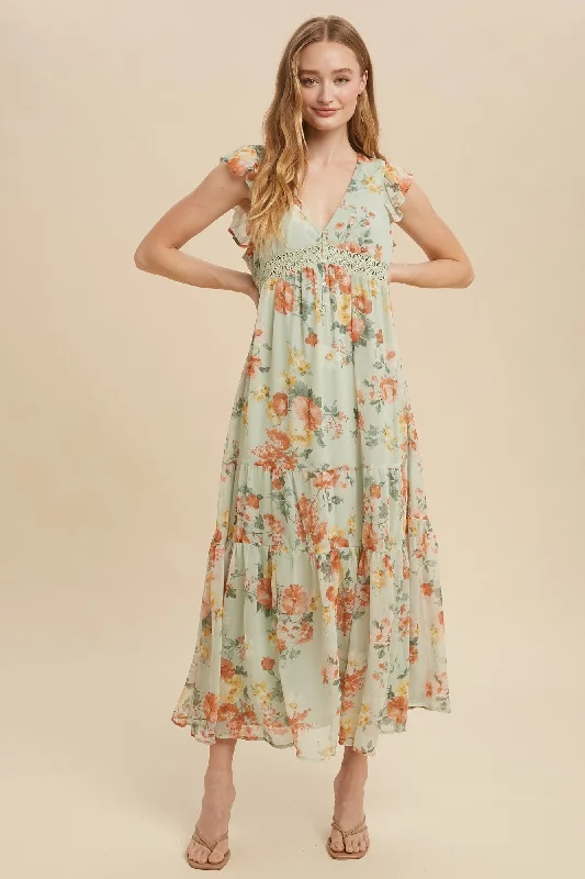 Green Tea Floral Chiffon Flutter Sleeve Maxi Dress Trendy Maxi Dress with Lace