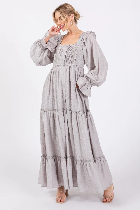 Grey Button Pleated Front Square Neck Ruffle Tiered Maxi Dress Fashionable Printed Maxi Dress