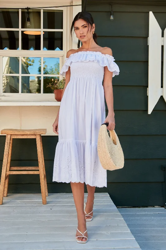 Esmeralda Smocked Eyelet Midi Dress Stylish Silk Midi Dress