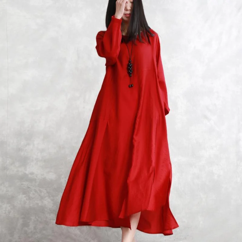 Handmade o neck silk clothes For Women Vintage Sleeve red Maxi Dresses spring Comfortable Maxi Dress with Sleeves