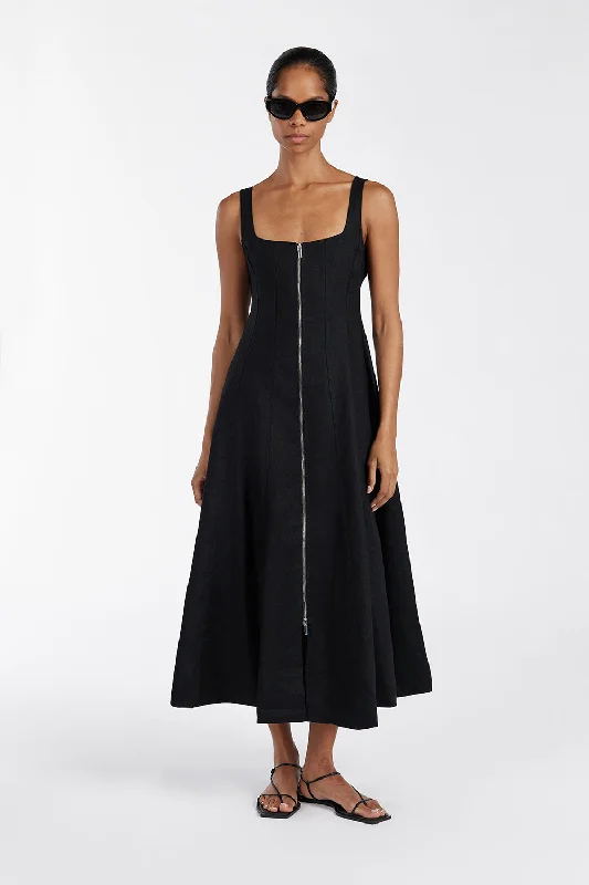 HARRIET BLACK LINEN MIDI DRESS Fashionable Pleated Midi Dress