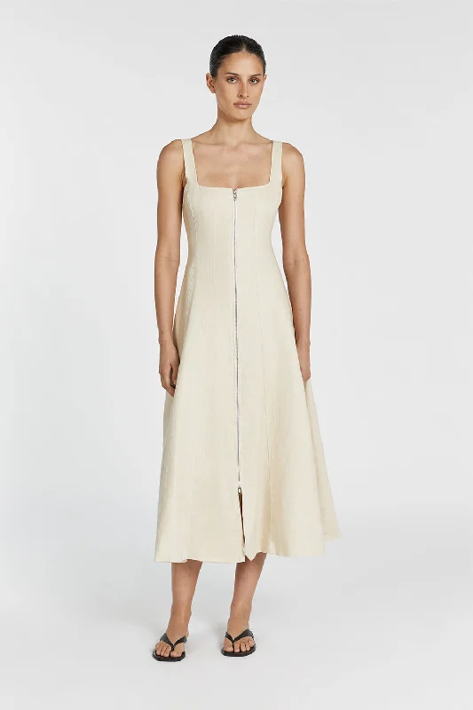 HARRIET SAND LINEN MIDI DRESS Trendy A-Line Midi Dress