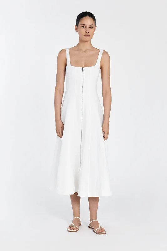 HARRIET WHITE LINEN MIDI DRESS Trendy Square Neck Midi Dress