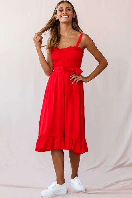 Honey Shirred Frill Midi Dress Red Cozy Ribbed Knit Midi Dress