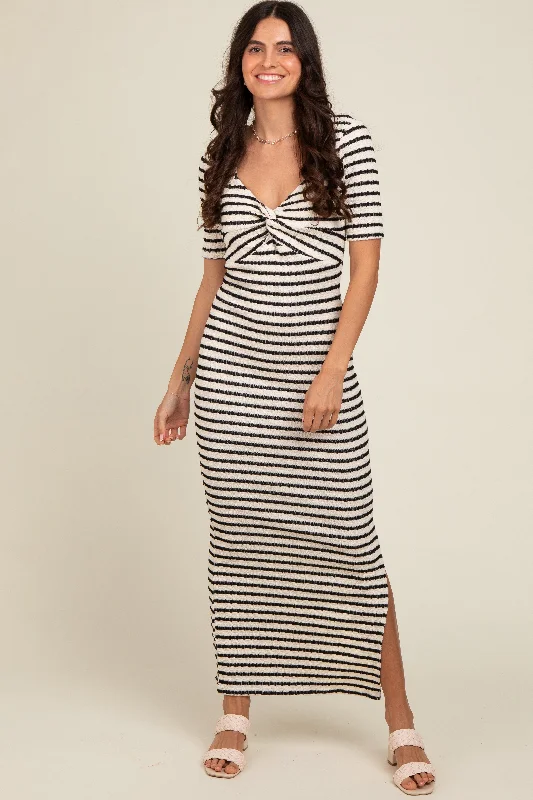 Ivory Black Striped Knit Short Sleeve Maxi Dress Fashionable Asymmetrical Maxi Dress